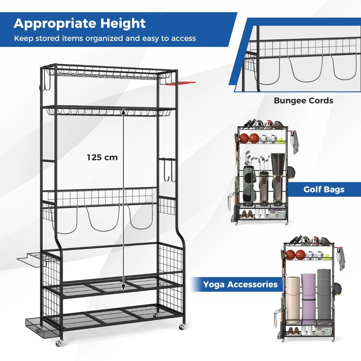 Coast Sportartikelenorganizer - met wieltjes - 4 haken - extra rek voor rackets - zwart 132 x 40,5 x 194 cm