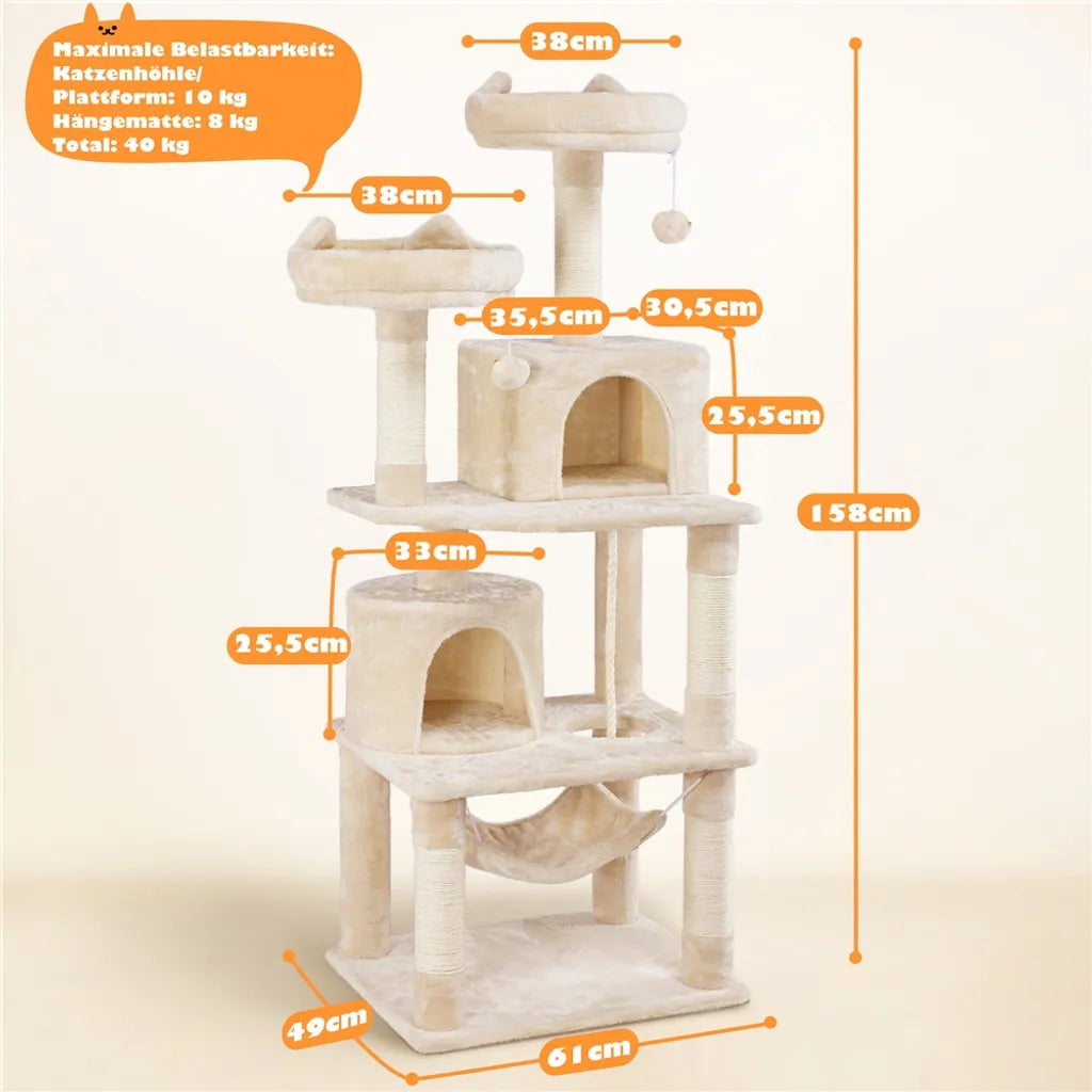 Yaheetech Krabpaal Beige – 158 cm Hoog – Met 2 Platforms, 2 Kattenhuisjes en 5 Sisal Krabpalen