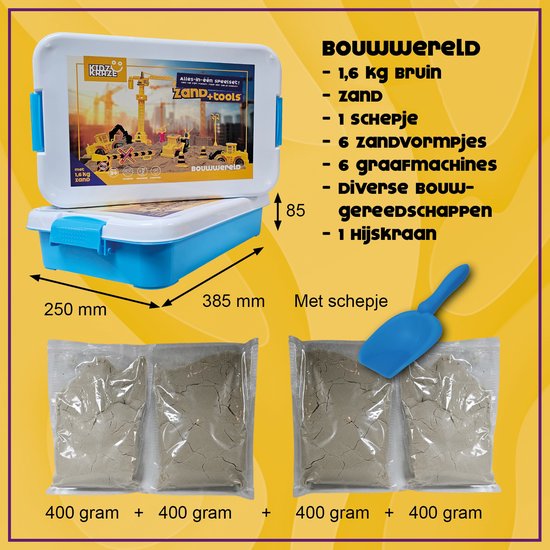 KidzKraze® Bouwwereld Speelzand – 1,6 kg bruin kleefzand voor binnen – Met Vormpjes en Speelgoed – Inclusief speel en opbergkoffer – Sensorisch – Speelgoed – zand bak starter set voor kinderen - Het grote speelgoedboek 2025
