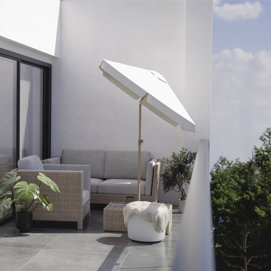 LifeGoods Parasol - Tuin - Balkonparasol - 200x125cm - 30° Kantelbaar - Waterdicht - UPF50+ - Houtkleurige coating - Crème