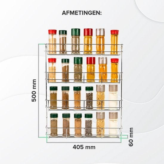 Kruidenrek Ophangbaar - voor 32 Kruidenpotjes - 4 etages Kruidenorganizer - 405x60x500mm - Metaal Chroom
