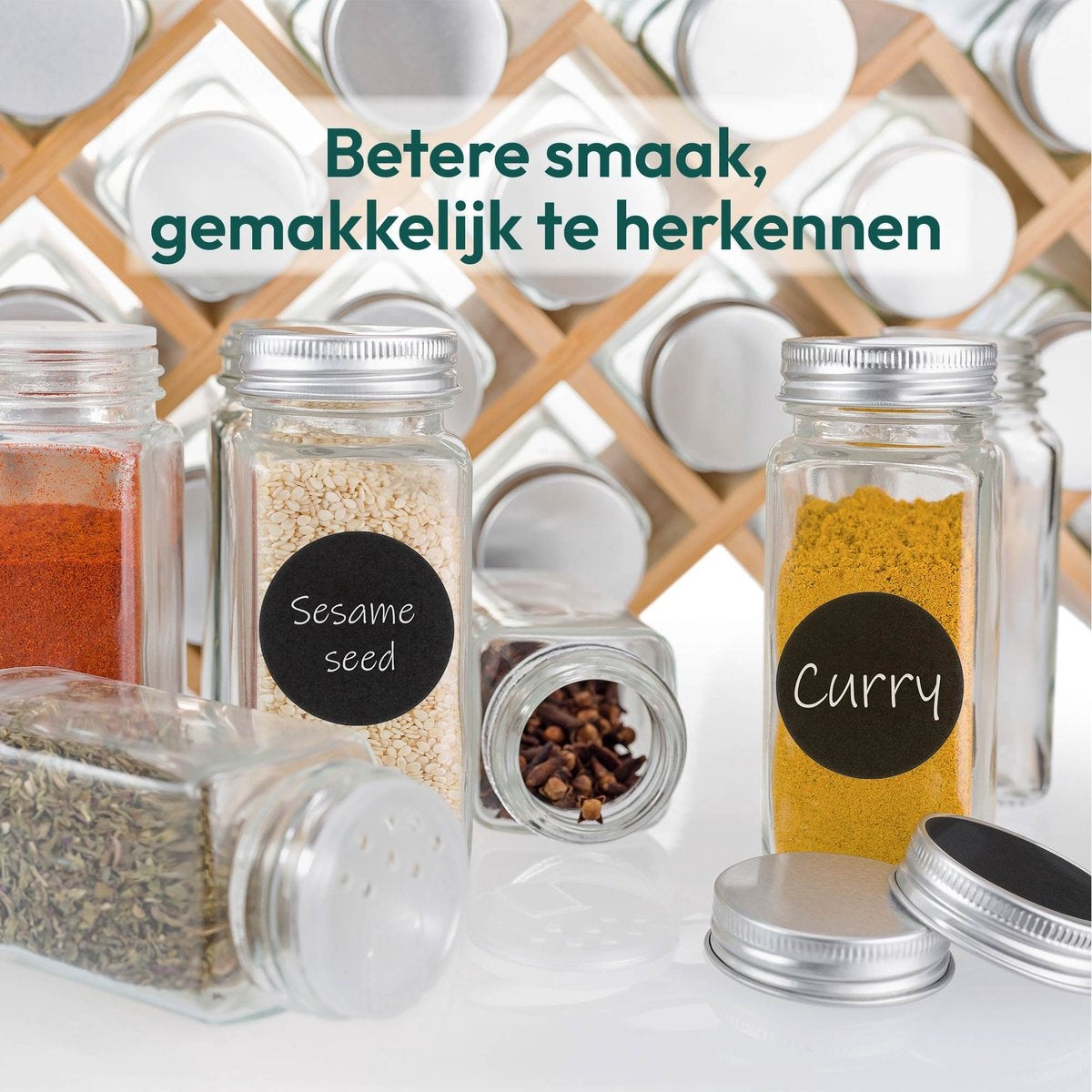 Gadgy Kruidenrek met 18 Glazen Kruidenpotjes met Strooideksel - incl. Labels en Marker - Bamboe - Hout - 43 x 18cm