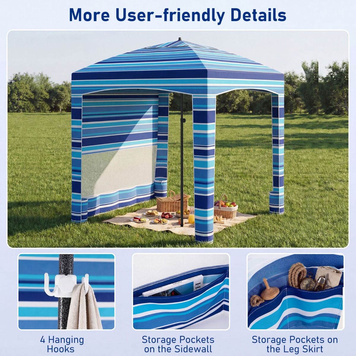 Coast Strandtent - met zijwand - verstelbare hoogte - marineblauw/roze - 185 x 185 cm