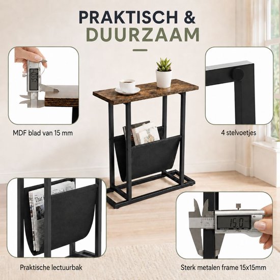 Ceruzo Bijzettafel met Tijdschriftenhouder – Smal – Zwart Bruin - H55 cm