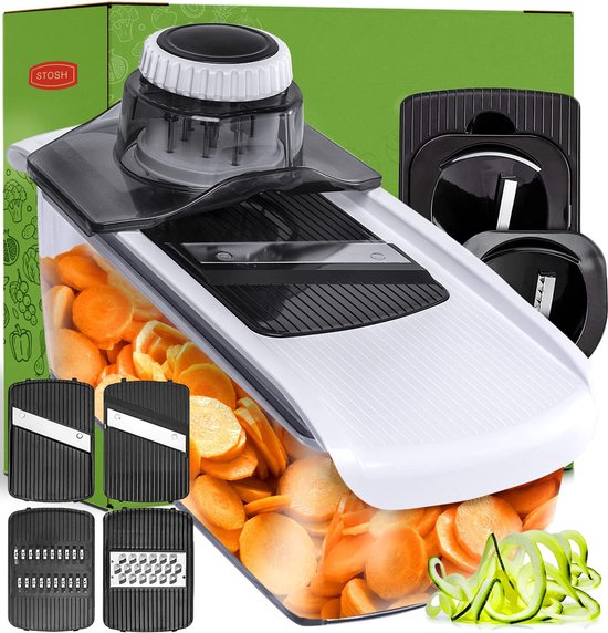 Stosh Mandoline - Groentesnijder - Uiensnijder - Spiraalsnijder - Rasp - 6-delig - Kunststof - BPA vrij - Zwart/Wit