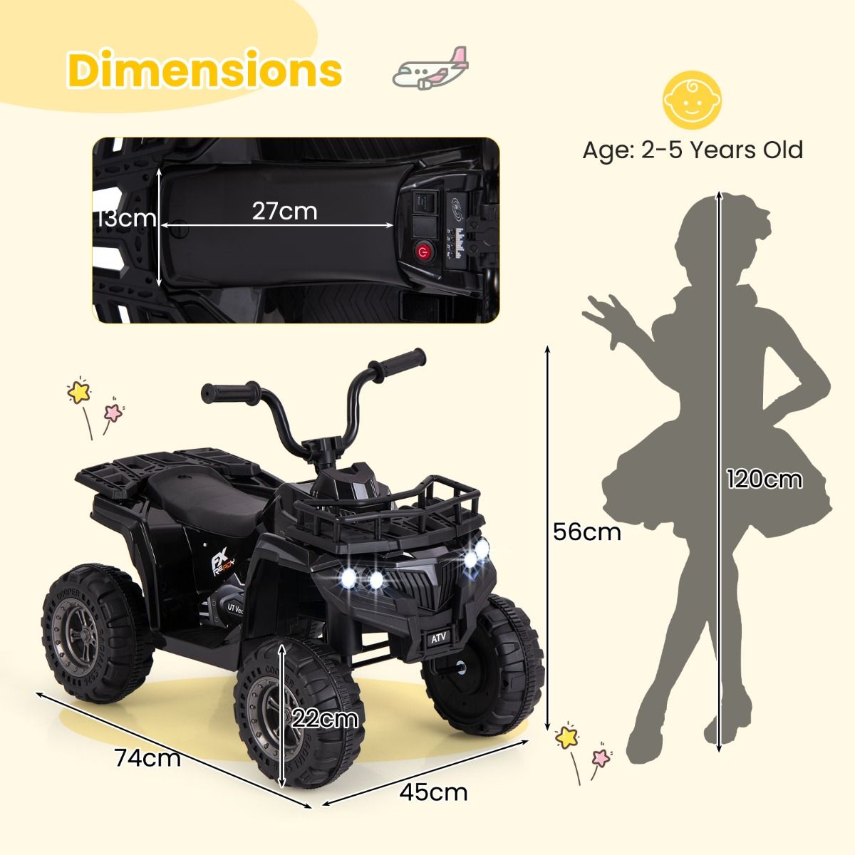 Coast Elektrische Kinderquad - met mp3-speler - vooruit- en achteruitfunctie - zwart