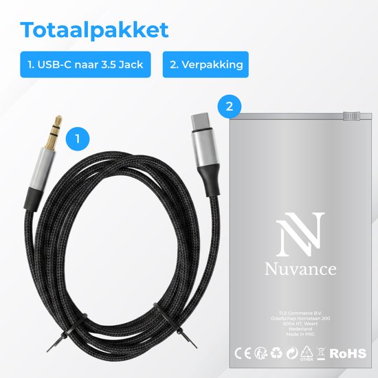 Nuvance AUX naar USB C - AUX Kabel USB C - 1 Meter - USB C naar AUX - Gevlochten Nylon - USB C AUX - USB C naar Jack