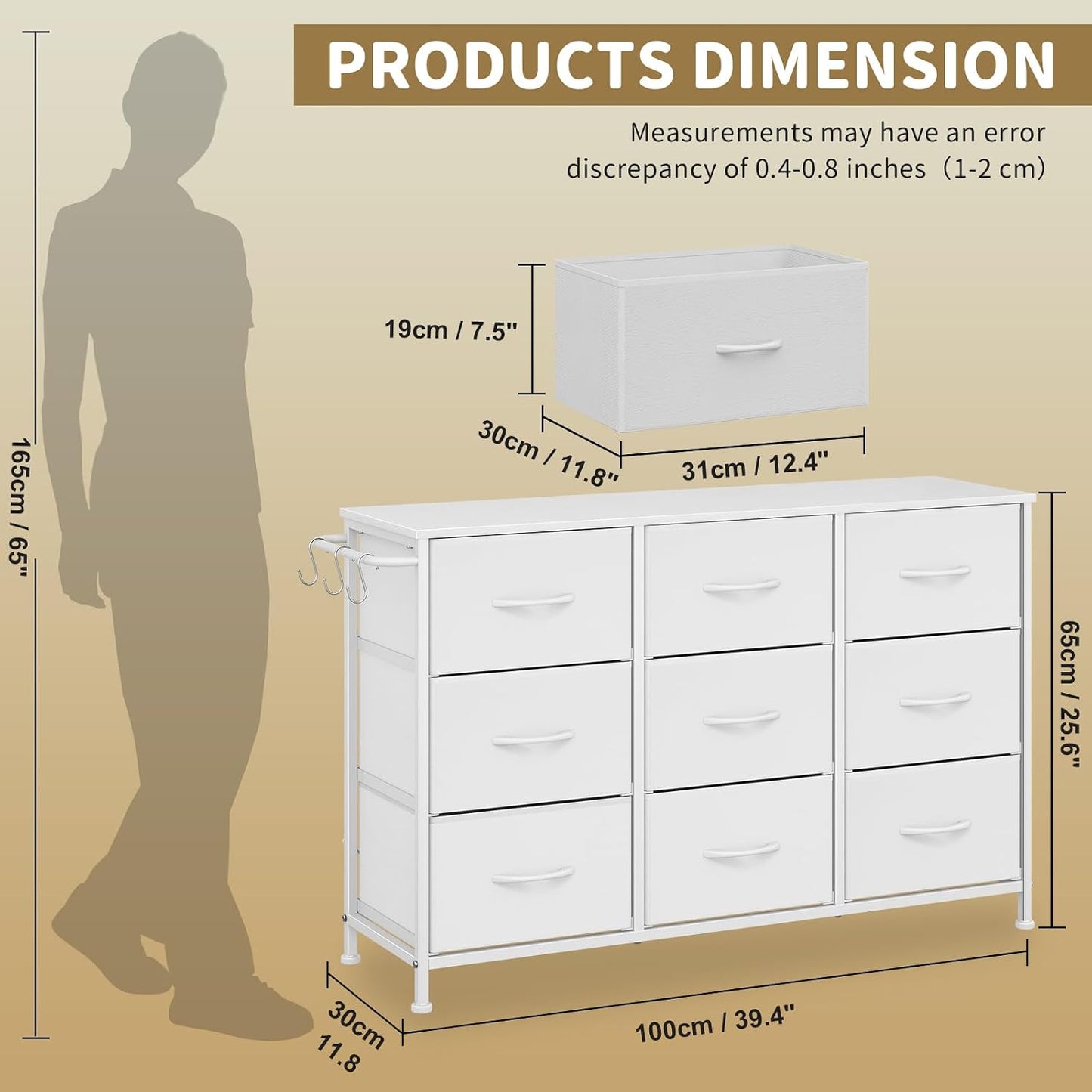 Leader Accessories Ladekast 9 Laden Stoffen Commode voor Hal en Woonkamer - 100x30x65cm - Wit