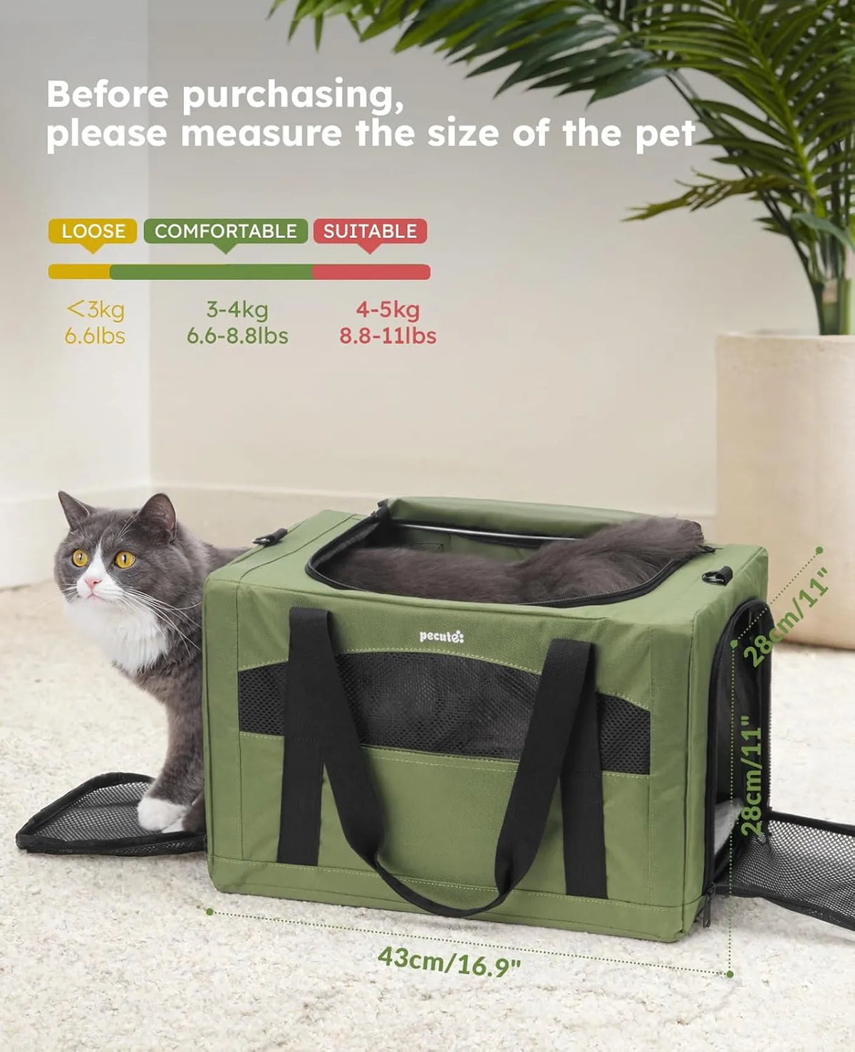 Pecute Huisdierentas Frame-Serie - Armygroen - 43 cm - Tot 5 kg, Kat & Kleine Hond