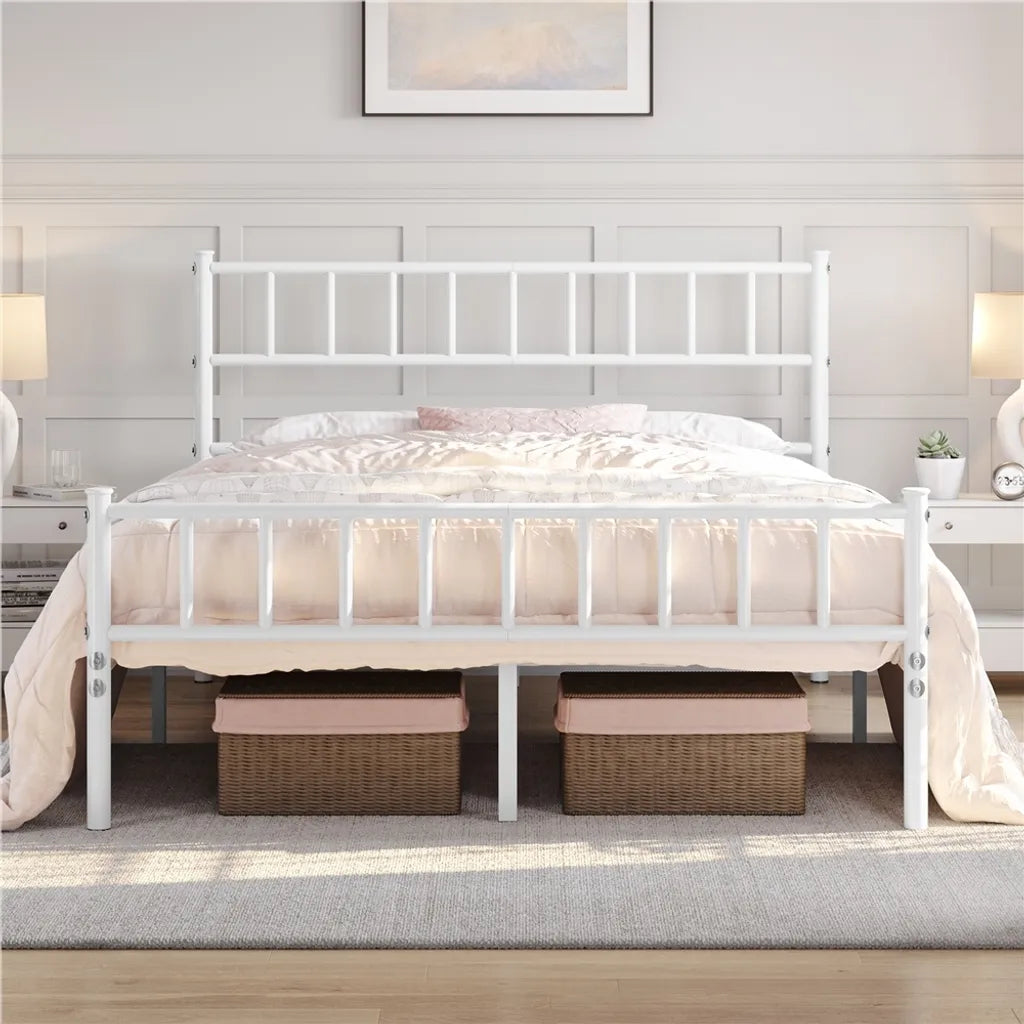 Yaheetech Metalen Bed 160 x 200 cm - Lattenbodem - Hoofdbord/Voetbord - Wit