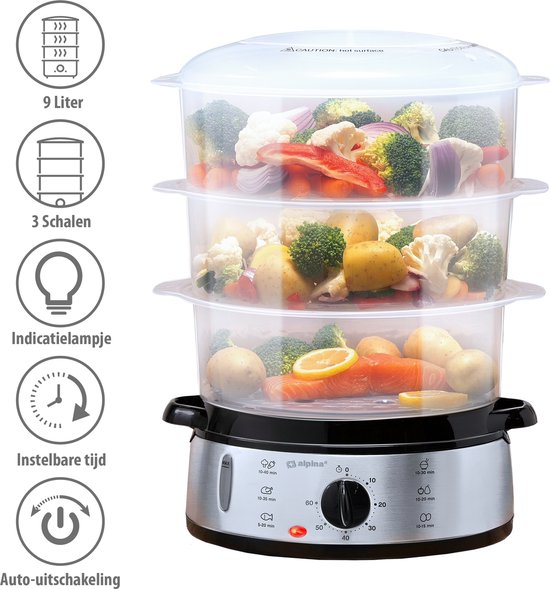 alpina Stoomkoker 9L - Stomer 800W - Voedselstomer met Timer en Warmhoudfunctie - Groente Stomer met 3 Lagen - Steamer voor Groente, Rijst, Kip, Fruit, Vis en Eieren - RVS
