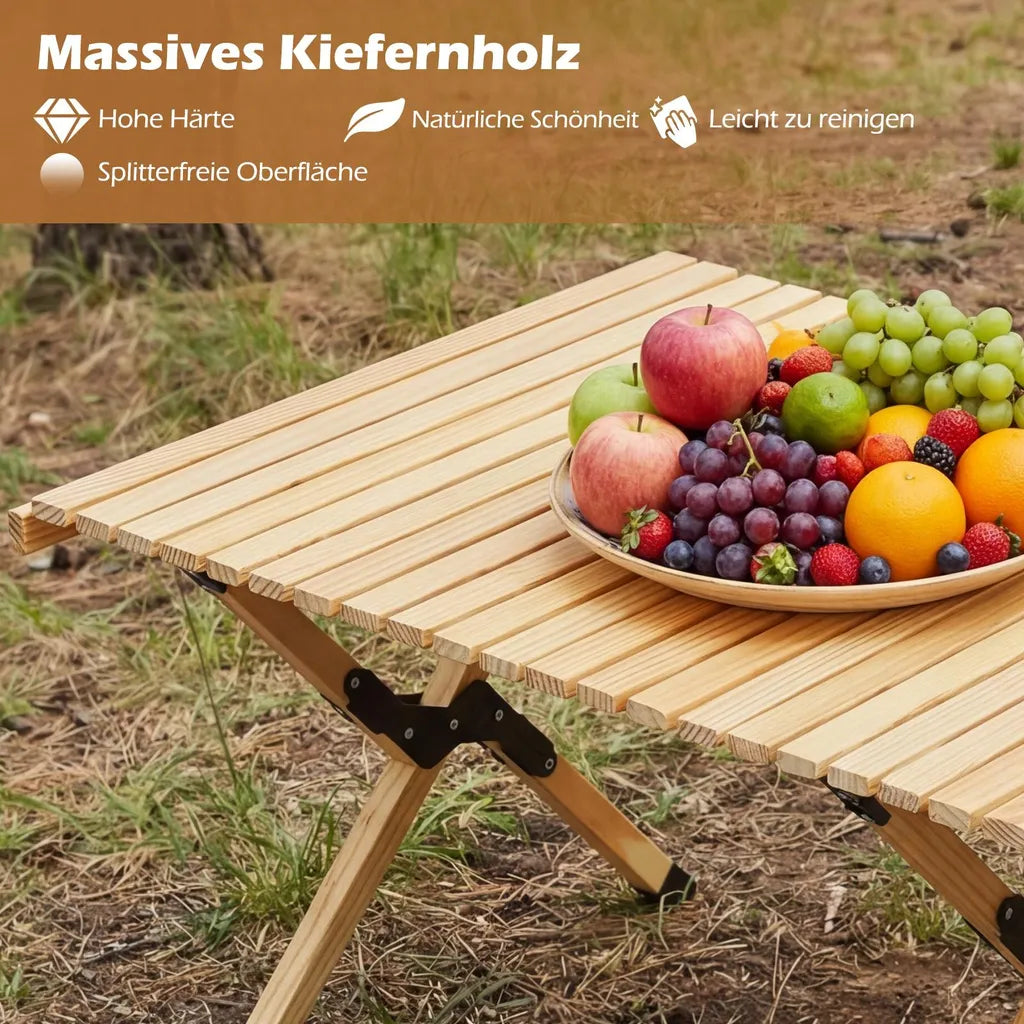 Coast Opvouwbare Campingtafel 122 × 60 × 45 cm – Houten Picknicktafel voor 4-6 Personen met Oprolbaar Tafelblad & Draagtas – Naturel