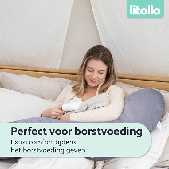 Litollo® Zwangerschapskussen XL - Voedingskussen - Lichaamskussen - Body pillow - 140cm - Afneembare hoes - Grijs - Fleece