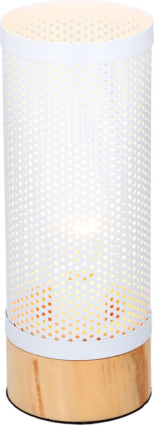 Grundig Tafellamp Cilinder – Voorzien Van Geperforeerde Kap En Houten Voet En Diffuus Licht – Voor Woonkamer En Slaapkamer – Wit Hout – E27 Fitting