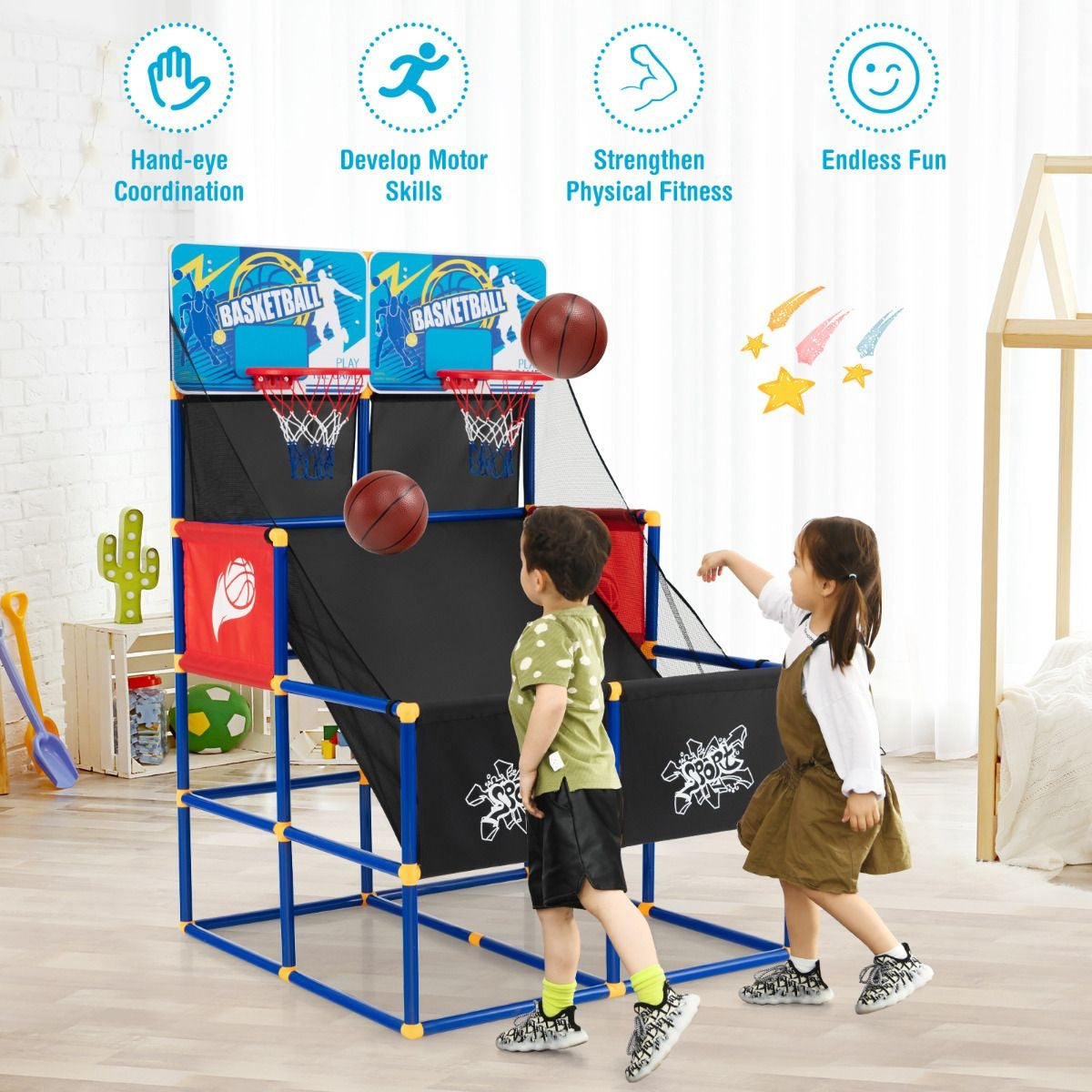 Coast Basketbalspel Arcade - Met 2 Ringen - 4 Basketballen - 90 x 90 x 140cm - Zwart/Blauw/Rood
