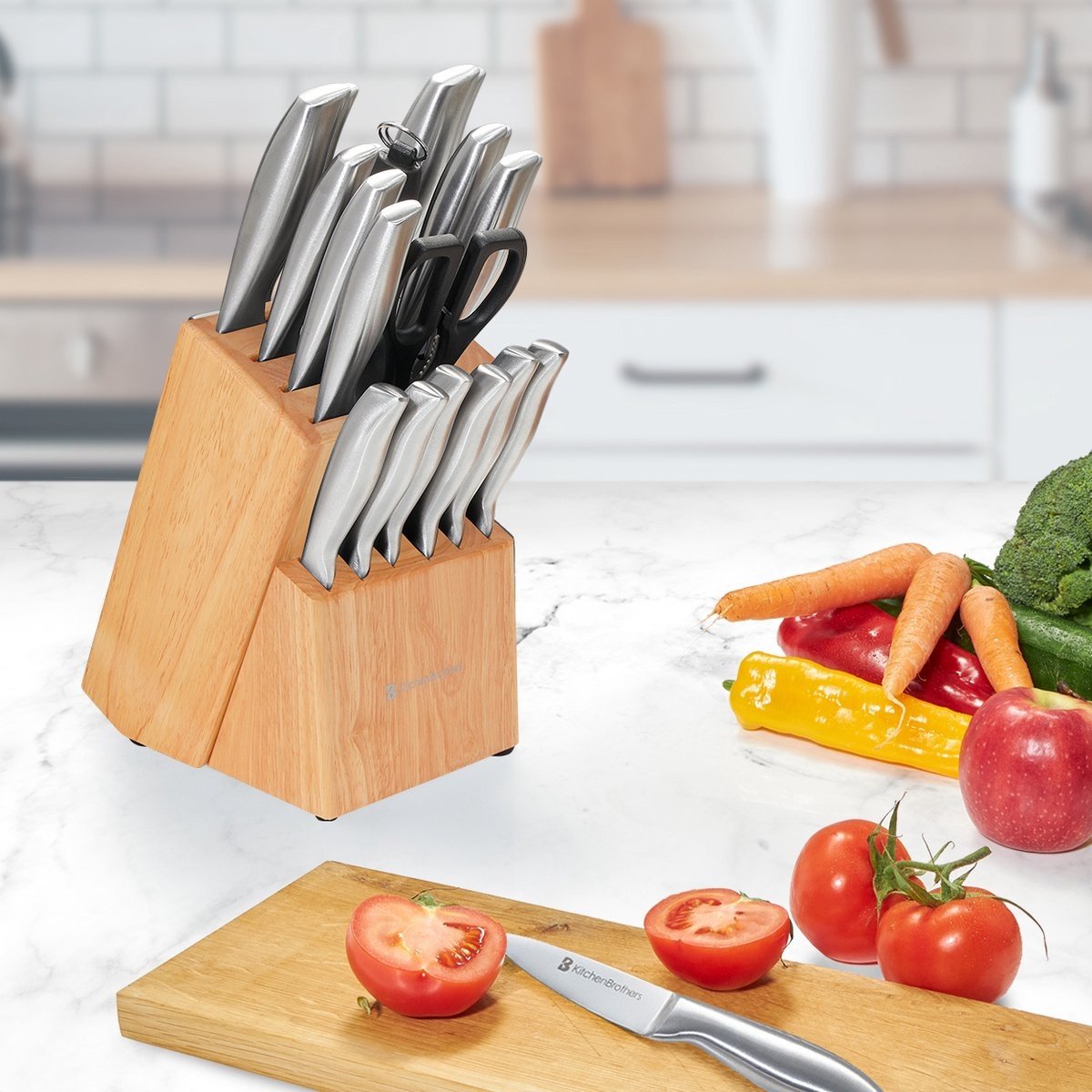 KitchenBrothers Messenset - Messenblok - 16-Delig - met Schaar en Aanzetstaal - Rubberwood