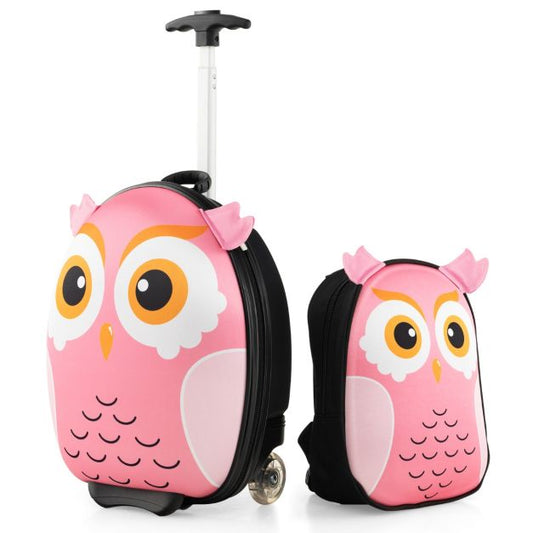 2-Delige Kinderkofferset met 40 cm Kinderkoffer & 30 cm Rugzak Rollende Koffer Reistrolleykofferset voor Kinderen - Roze - Uil