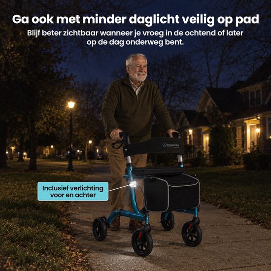 TrueSafe Rollator lichtgewicht en opvouwbaar (6,9 kg) - Voor binnen en buiten - Incl. ergonomisch zitkussen, verlichting, rugleuning, wandelstokhouder en meer - Blauw