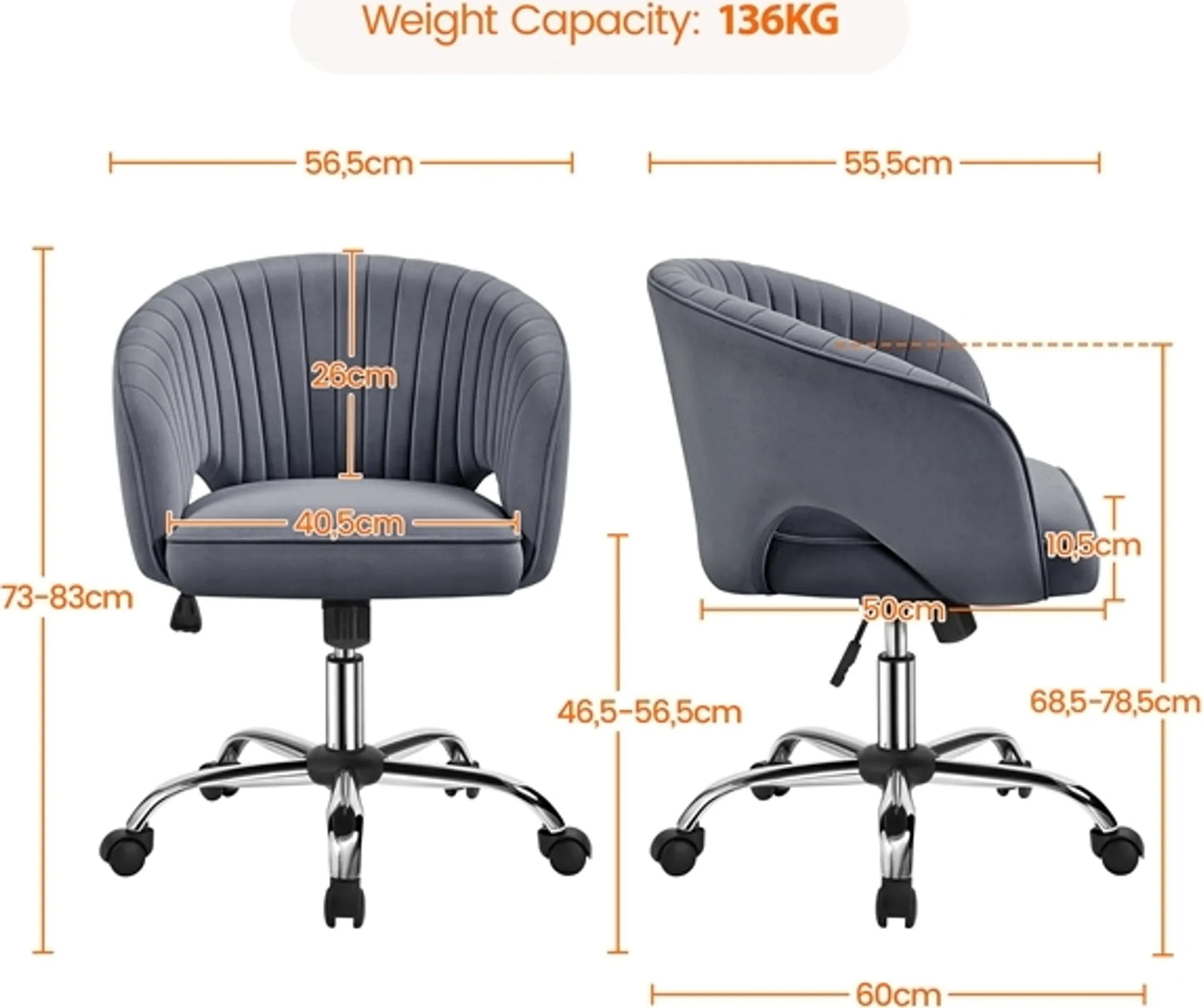 Yaheetech Bureaustoel Fauteuil – 60 x 56,5 x 73-83 cm – Voorzien Van Fluweelzachte Bekleding En Verstelbare Zithoogte En Ontspannende Schommelfunctie – Voor Kantoor En Ontvangsthal – Donkergrijs Polyester En Metaal