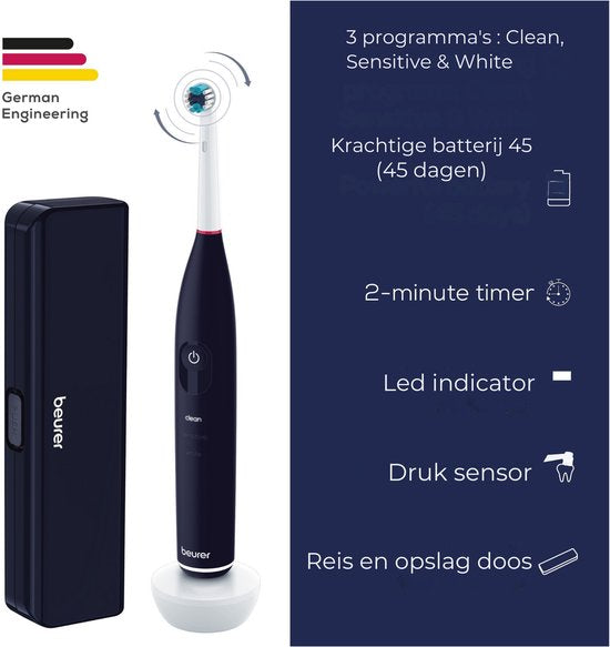 Beurer TB 50 Elektrische tandenborstel - 3 Individuele programma's: Clean, Sensitive & White - Batterijduur tot 45 dagen - Incl. opbergbox, lader, adapter & 5x borstelkoppen - Timer - Goed getest - 3 Jaar garantie