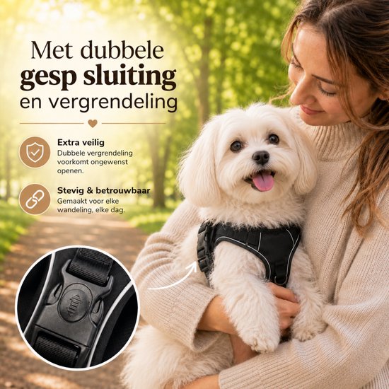 By Cee Cee Hondentuigje Hondenharnas - Anti Trek Tuig - Y Tuig Hond – Reflecterend Honden Tuigje – Zwart – Maat S