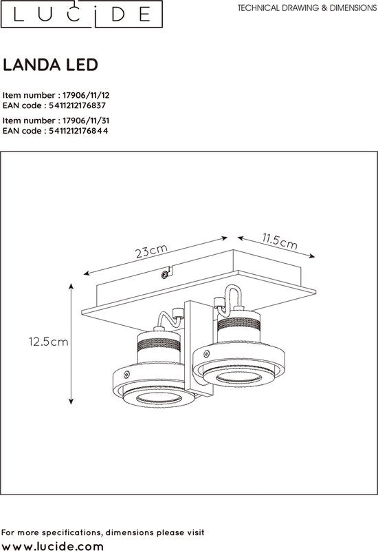 Lucide LANDA Plafondspot - LED Dim to warm - GU10 - 2x5W 3000K/2200K - Mat chroom
