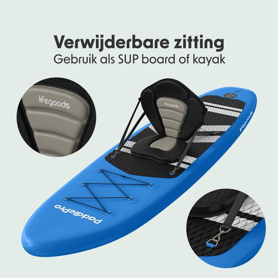 LifeGoods - PaddlePro SUP Board - met Zitje - Opblaasbaar Paddle Board - Complete Set - Max. 135KG - 320 x 81 cm - Blauw