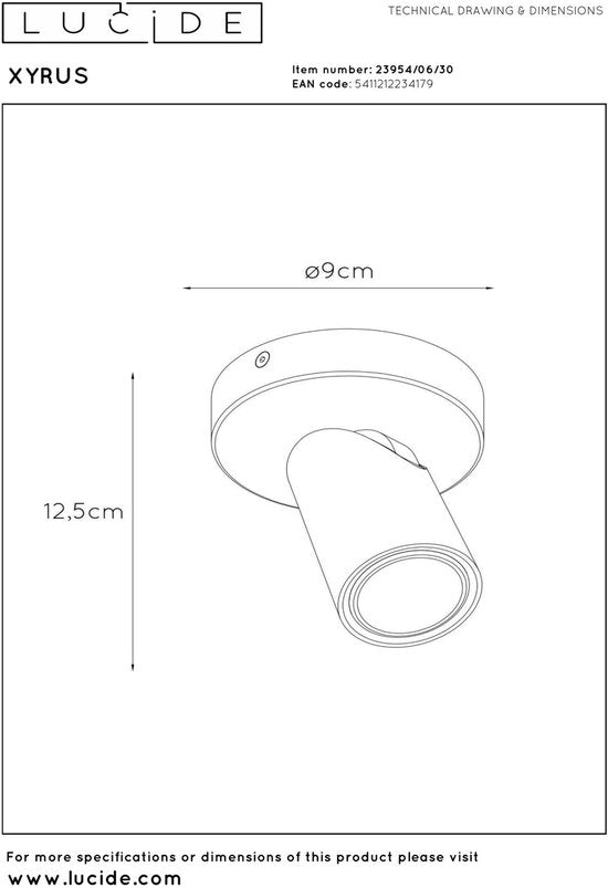Lucide XYRUS - Plafondspot (Plafondlamp) - Ø 9 cm - LED Dim to warm - GU10 - 1x5W 2200K/3000K - Zwart