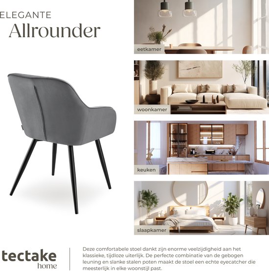 tectake®- Fluwelen stoel met gestikt patroon - Moderne eetkamerstoel - Kuipstoel - Woonkamer, eetkamer, lounge of kaptafelstoel - Div. kleuren - Grijs/zwart