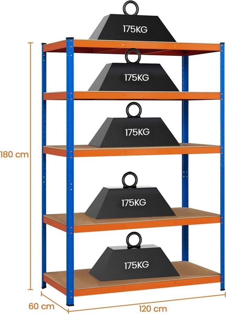 Yaheetech Zware opbergstelling - 5 legplanken - Tot 875 kg - Blauw/Oranje - 120 x 60 x 180 cm