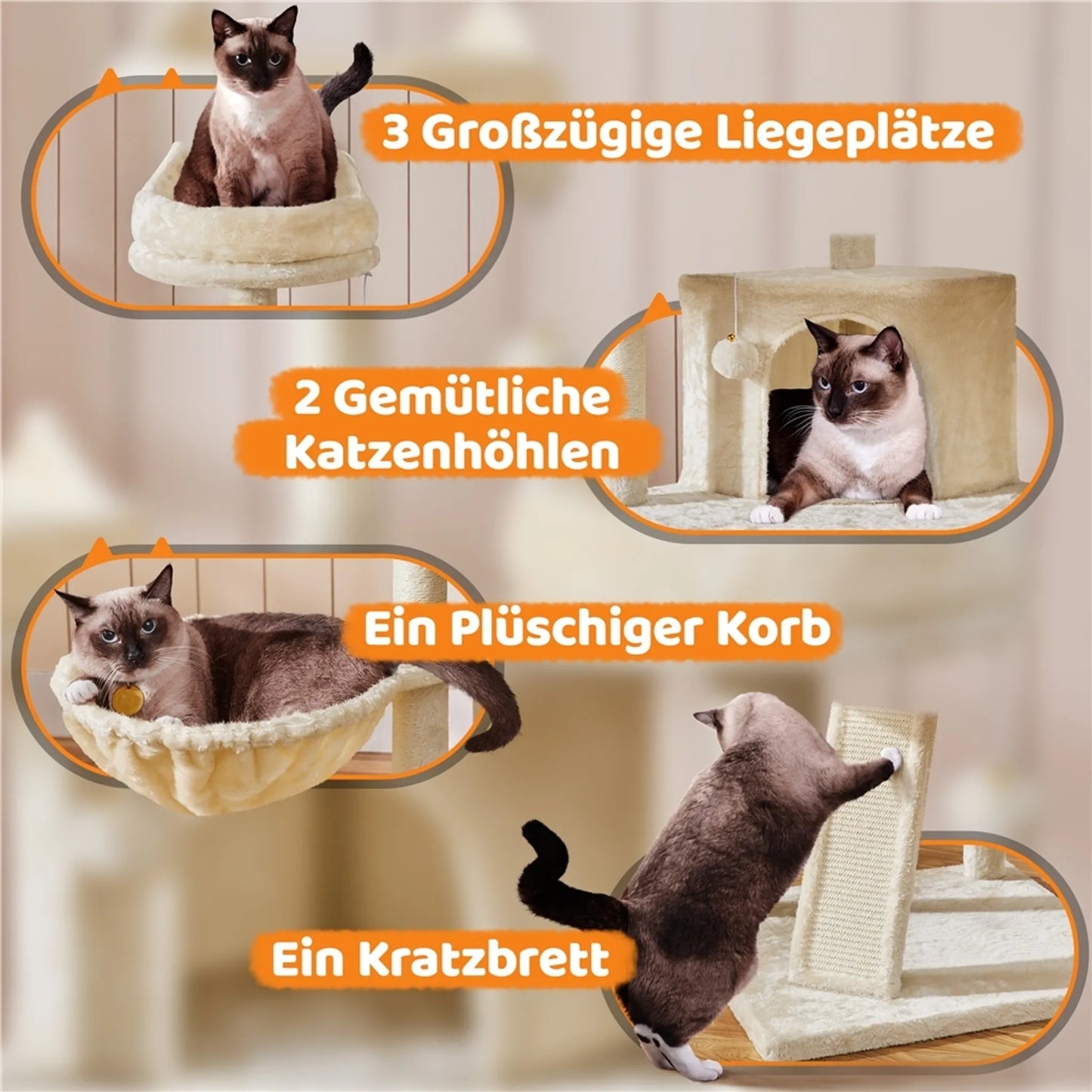 Yaheetech Krabpaal XXL Met 3 Uitkijkplatformen – Voorzien Van 2 Kattenholen En Krabplank En Anti-kantelsysteem – Voor Huishoudens Met Meerdere Katten – Beige Pluche En Sisal – 55,5 x 55,5 x 175 cm