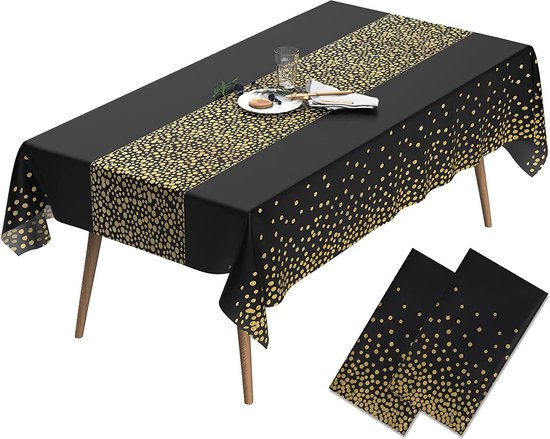 Partizzle 2x Plastic Wegwerp Tafelkleed - Verjaardag Feest Versiering - 50 Jaar Abraham Sarah Decoratie - Kerst Oud en Nieuw 2025 Artikelen / Nieuwjaar - Zwart en Goud - 274 x 137 cm
