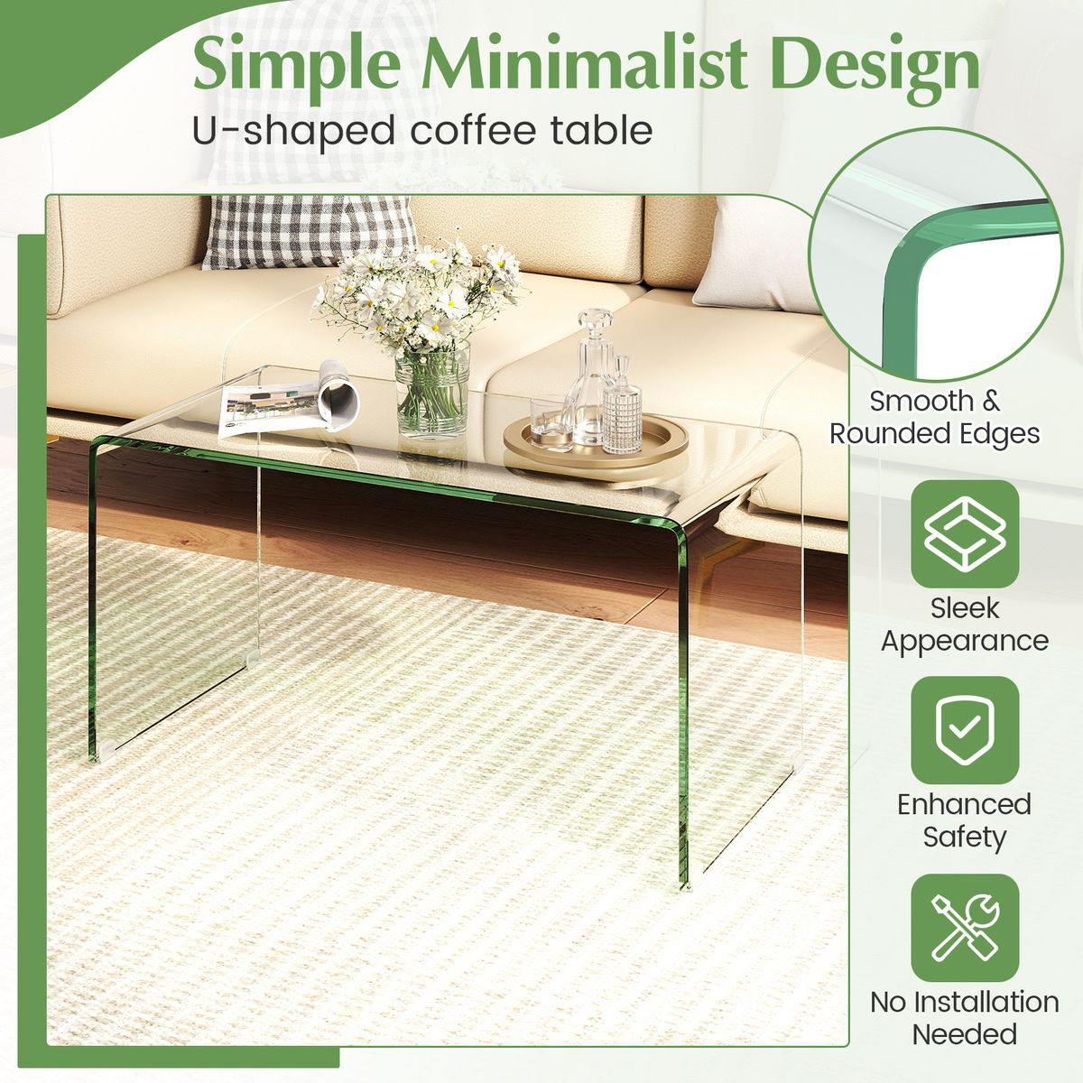 Coast Salontafel - U-vormig bijzettafel - gehard glas - 81,5 x 42 x 40 cm - transparant