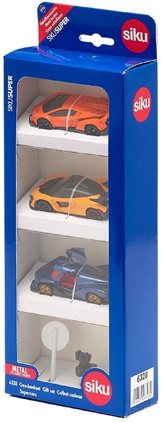 SIKU 6328, Cadeauset Supercars, Lamborghini Veneno, Apollo I.E., McLaren Senna, beweegbare onderdelen, incl. verkeersbord en flitspaal