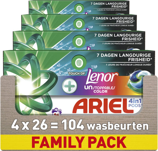 Ariel 4-in-1 Color Wasmiddel Pods + Lenor Unstoppables – 104 Wasbeurten – 4 x 26 Capsules
