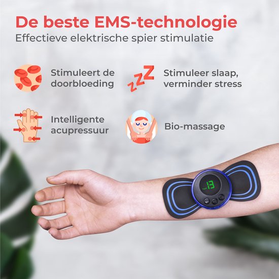Nuvance - EMS Massage Apparaat met Bediening - 6 Herbruikbare Massage Matjes - Stimuleert Bloedsomloop - Geschikt voor Rug, Armen en Benen - Draadloos - 8 Standen en 19 Intensiteiten - Zwart/Blauw