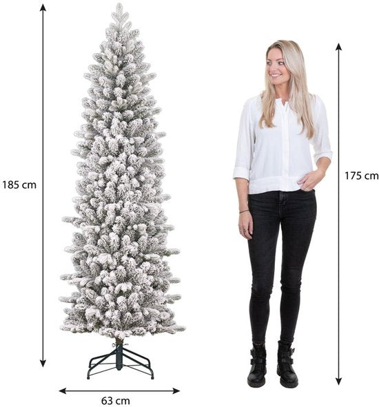 Black Box Trees Harma Slim Kerstboom met Sneeuw en Scharnierconstructie voor Snelle Montage - Kunstboom voor Kleine Ruimtes - Kerstversiering voor Binnenshuis - H185 x Ø63 cm - Groen Frosted