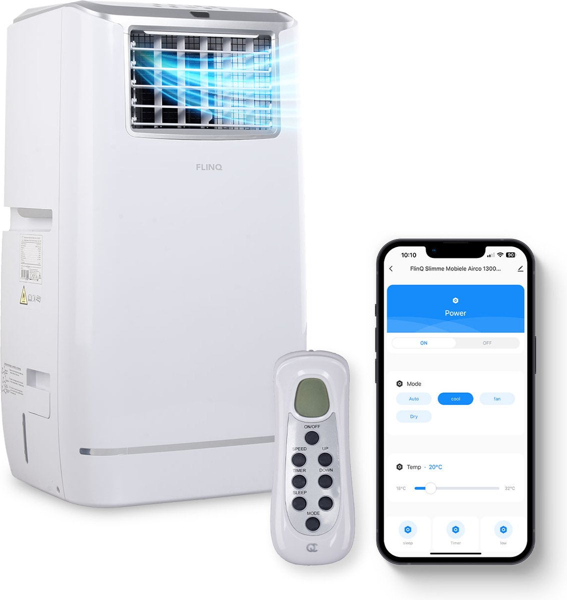 FlinQ Slimme Mobiele Airco Met Afvoerslang - 13.000 BTU - Stille Slaapfunctie - Verkoelt tot 50m2 - Met App en Afstandsbediening - 41.5 x 41.8 x 79 cm - Wit