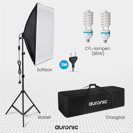 Auronic Softbox Studiolamp - Complete Set met Draagtas - 50x70 cm - Zwart