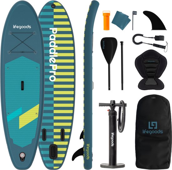 LifeGoods SUP Board Allround Compact - met Zitje - 100 KG Draagkracht - 300 x 76 cm - Opblaasbaar - Compleet SUP pakket - Cyaan/Donkergroen
