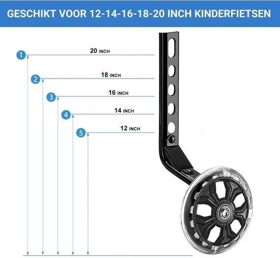 TIKKENS® Zijwieltjes - 12-20 Inch - LED lichtjes - Zijwieltjes voor Kinderfiets - Zwart - 12 inch/14 inch/16 inch/18 inch/20 inch - Zijwielen - Kinderfietsaccessoires