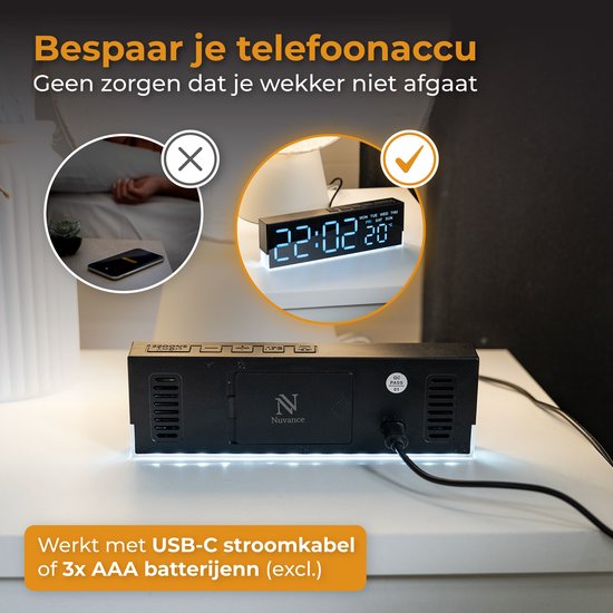 Nuvance Digitale Wekker - Digitale Klok - Reiswekker voor Kinderen & Volwassenen - Kleine Alarmklok - Wekkers Digitaal