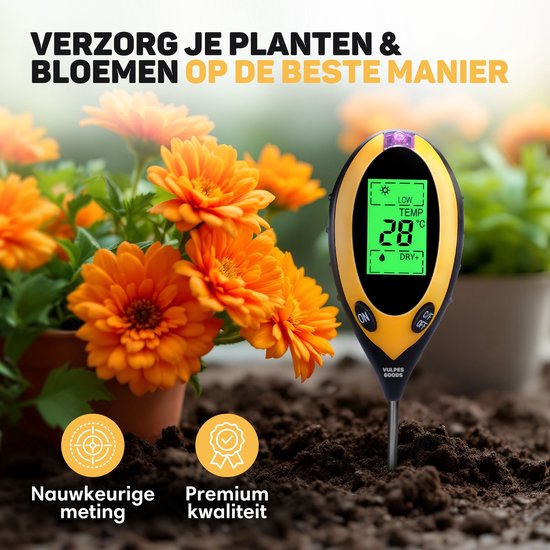 Vulpes Goods® Vochtmeter voor Planten - 4-in-1 - Vochtigheidsmeter - Binnen en Buiten - Hygrometer voor Kamerplanten - - pH, Lichtmeter, Temperatuurmeter en Vochtigheidsmeter - Vochtmeter Grond - PRO versie - Incl. Batterij