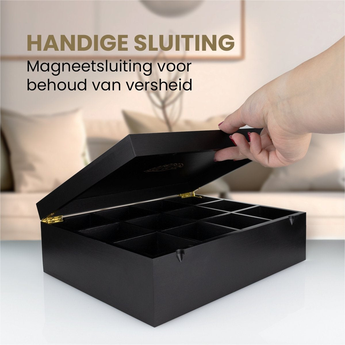 Nimma Theedoos - 12 vaks - Magneetsluiting - Geschikt voor Pickwick, Lipton, en meer - Zwart