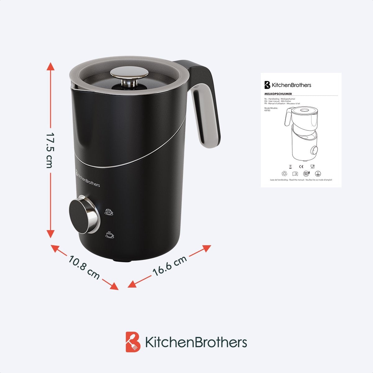 KitchenBrothers Elektrische Melkopschuimer - Vaatwasserbestendig - 4-in-1 - 400 ML - Voor 3 Cappuccino's - Zwart