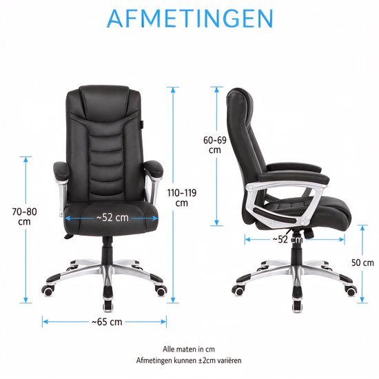 Monza Home® Bureaustoel Zwart – Ergonomische Bureau Stoel – PU Leder – Verstelbaar – 150kg Draagvermogen – Luxe Directiestoel