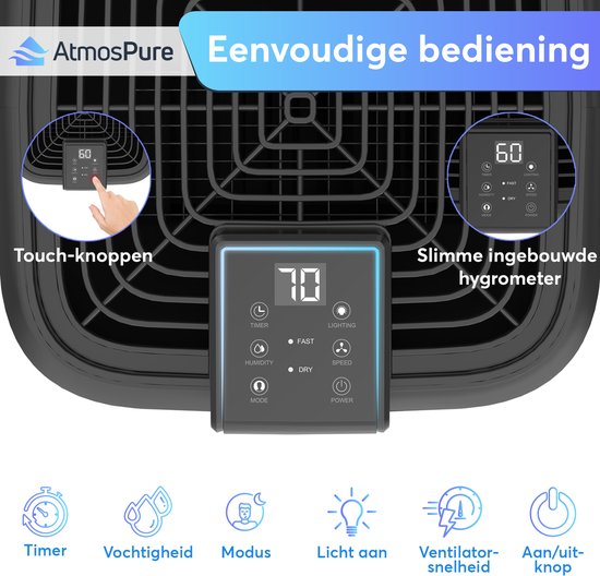 AtmosPure AirDry Elite Luchtontvochtiger - Ontvochtigt 12 Liter per Dag - Wasdroogfunctie - Zwart