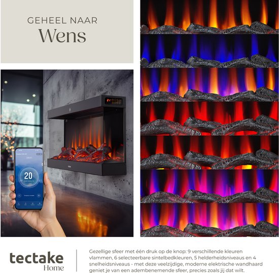 tectake® Wandhaard - Elektrische Haard - Sfeerhaard - 900W & 1800W - Bediening met Afstandsbediening of App - met Thermostaat - Kachel - met Verwarming - Haarden - met Hout en Gloeieffecten - 3D Vlammen - Timer - 9 Kleuropties
