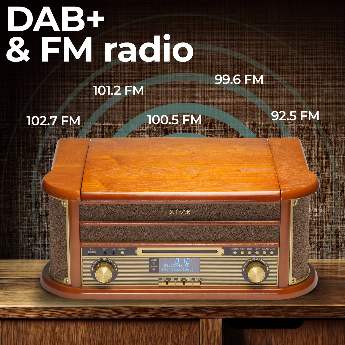 Denver Retro Platenspeler MRD51 - Hout - 24x22x12 cm - Ingebouwde Speakers & Versterker - DAB Radio - CD & Cassette