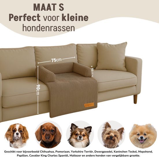 By Cee Cee Origineel Hondendeken Bank – Hondenkleed Bank - Hondenmand - Premium - Volledig Afritsbaar - Ribstof - Bruin - 75x90 - Maat S